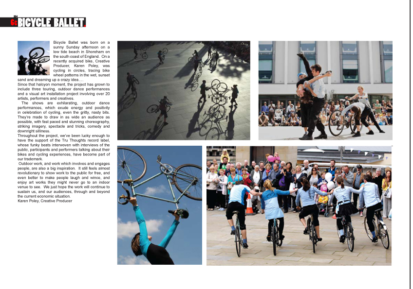 Two pages of a book laid out with images of Bicycle Ballet shows and short text